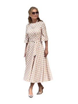 LA VIVA BY RENTEX ROZKLOSZOWANA SUKIENKA MELANIA W GROCHY BEŻOWA 38/M
