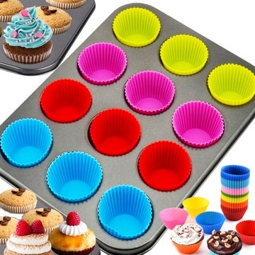 BLACHA FORMA DO MUFFINEK +12 SILIKONOWYCH BABECZEK