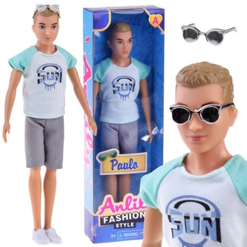 LALKA KEN ANLILY STYLOWY CHŁOPAK MODNY T-SHIRT SPODENKI OKULARY