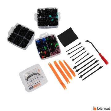 715 пластиковых автомобильных зажимов, 10 лент, 5 съемников боковых панелей.