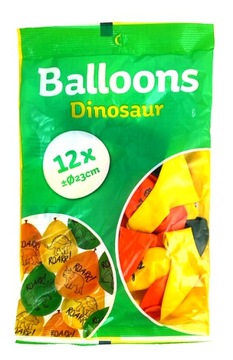 Balony kolorowe z nadrukiem Dinozaury duże 23 cm 12 sztuk Balonów