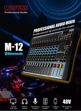 Micfuns Studio mikser 12-kanałowy DJ konsola Bluetooth USB profesjonalny