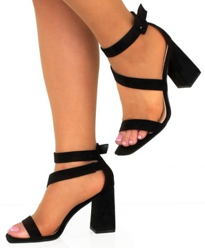 САНДАЛИИ НА ВЫСОКОМ КАБЛУКЕ, ЗАМШЯ, ЧЕРНЫЕ ТУФЛИ 38