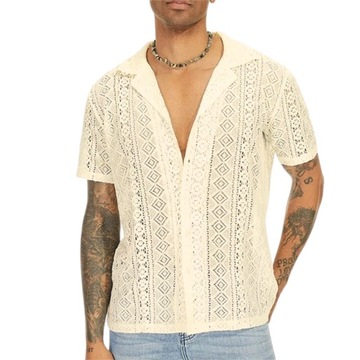 Stylowa modna męska beżowa koszula z krótkim rękawem we wzorki bawełniana