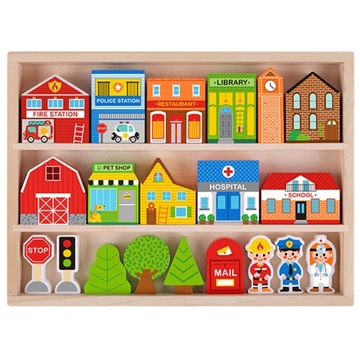 TOOKY TOY DREWNIANY ZESTAW BUDYNKI FIGURKI MIASTO