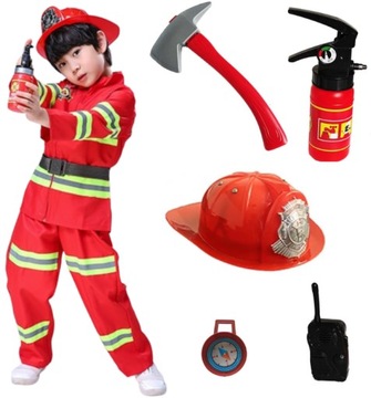 STRÓJ KOSTIUM STRAŻAKA MUNDUR KASK GAŚNICA KOMPAS KRÓTKOFALÓWKA 104/110