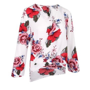 Damska bluzka z dekoltem w szpic i dzwoneczkami XL w kwiaty, biała