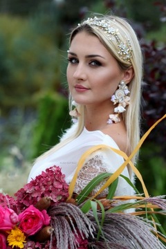 СЕРЬГИ СВАДЕБНЫЕ ЦВЕТКИ, БЕЛОЕ, БЕЖЕВОЕ, ЗОЛОТО СУТАЖНОЕ