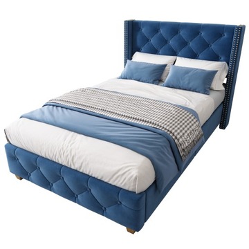 Односпальная кровать с мягкой обивкой 90х200см, бархат, синий