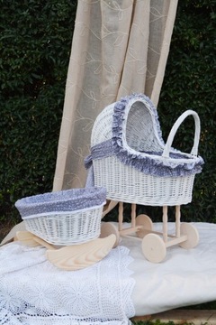 ПЛЕТЕНАЯ КОЛЯСКА для кукол + КОЛЯСКА с жабо, БЕЛАЯ