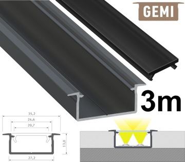 PROFIL DO TAŚM LED SZEROKI NA 2 TAŚMY LED GEMI CZARNY 3M Z CZARNYM KLOSZEM