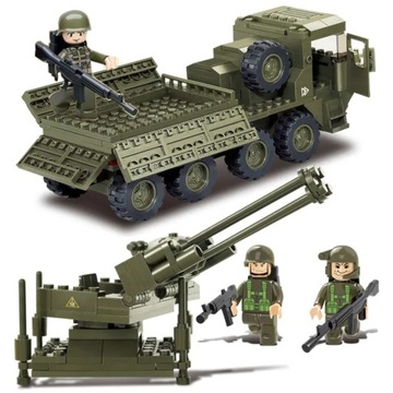 Klocki CIĘŻARÓWKA WOJSKOWA TRANSPORTER OBRONA PRZECIWLOTNICZA + 2 LEGO BROŃ
