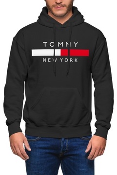 BLUZA MĘSKA Z KAPTUREM TOMMY NEW YORK CZARNA Z NADRUKIEM DRESOWA KANGURKA