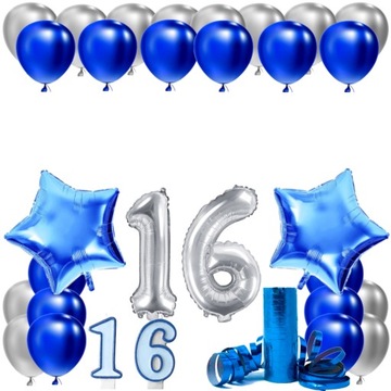 ZESTAW BALONY NA 16 URODZINY LAT NIEBIESKI SREBRNY 16 ROCZNICA ŚLUBU