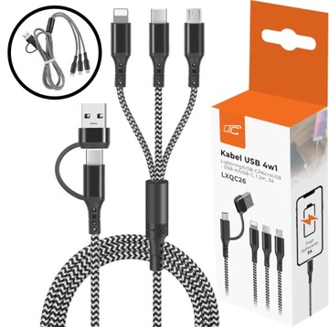 SZYBKI KABEL USB 5W1 3A USB/USB-C -LIGHTING/USB-C/MICROUSB 1,2M MOCNY OPLOT