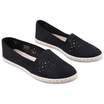 R.42 CZARNE ESPADRYLE DAMSKIE AŻUROWE PÓŁBUTY WSUWANE PŁASKIE LEKKIE