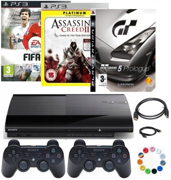 КОМПЛЕКТ СУПЕРТОНКОЙ КОНСОЛИ PS3 500 ГБ | 2 НОВЫЕ ПОДУШКИ | 3 ИГРЫ | АКСЕССУАРЫ