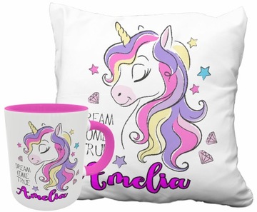 KUBEK RÓŻOWY 330 PODUSZKA 40x40 UNICORN JEDNOROŻEC