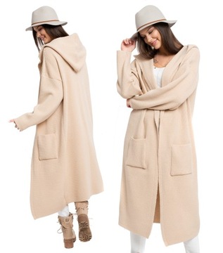 DOMI SWETER KARDIGAN PŁASZCZ OVERSIZE KAPTUR LONG