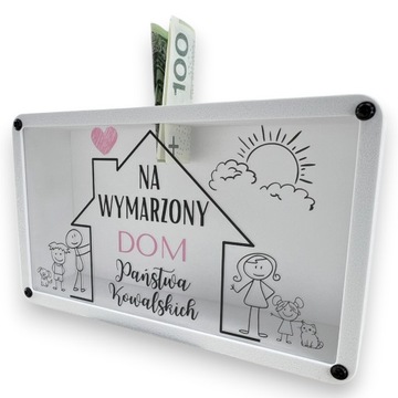 Skarbonka z nazwiskiem grafiką pojemnik, duża na prezent na wymarzony dom