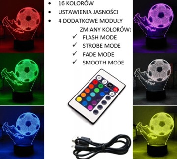 LAMPKA NOCNA PIŁKA NOŻNA 3D LED KOLORY RGB + PILOT