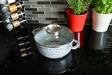 KOMPLET GARNKI CERAMICZNO-MARMURKOWE ZILNER SZARE NALEWKI PODSTAWKI 15-CZ