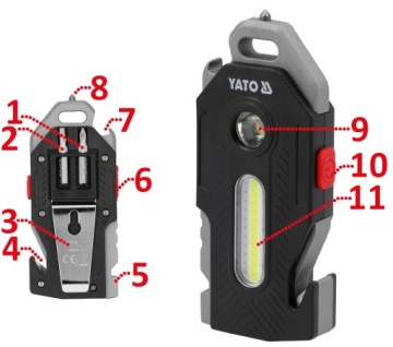 LED МНОГОФУНКЦИОНАЛЬНЫЙ TORCH 400lm YATO 6in1 WINDOW PUNCHER KNIFE PUNCHER