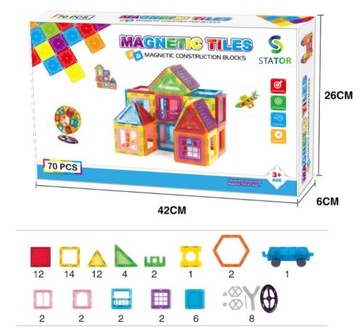 РАЗНОЦВЕТНАЯ КОНСТРУКЦИЯ Магнитные кирпичи 3D XXL МАГНИТНЫЕ ПЛИТКИ 70 шт.
