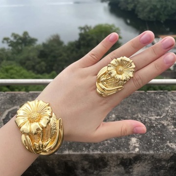 Luxury Dubai Gold Plated Bracelet Ring Copper Cuff Flower Bangle Italy Fran