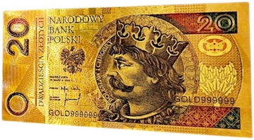 Красивая коллекционная позолоченная банкнота из ПВХ номиналом 20 злотых BOLESŁAW CHROBRY