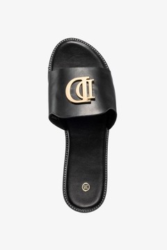 ТАПОЧКИ ЖЕНСКИЕ ЧЕРНЫЕ С ШИРОКИМ РЕМНЕМ И ЗОЛОТЫМ ОТДЕЛЕНИЕМ, ПЛОСКИЕ, размер 38