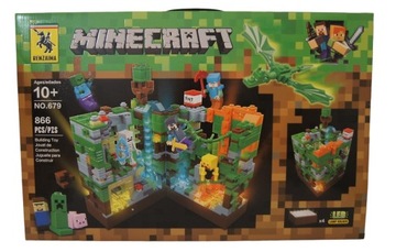 KLOCKI MY WORLD Atak Smoka na wioskę bazę MINECRAFT 866 elementów 4xLED