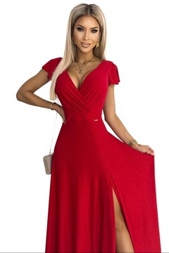 Maxi połyskująca długa suknia z dekoltem i rozcięciem na nogę czerwona L