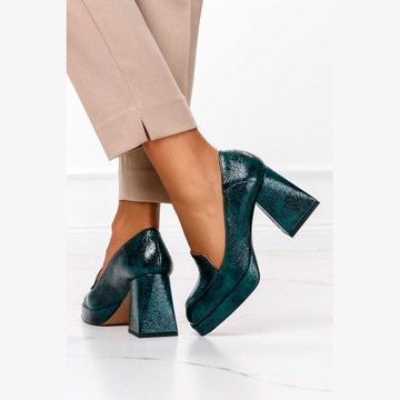 MOKASYNY PÓŁBUTY NA OBCASIE KLOCKU POLSKA SKÓRA 40