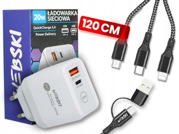 SZYBKA ŁADOWARKA SIECIOWA DO TELEFONU 20W 2 PORTY USB-C USB Z KABLEM 3W1