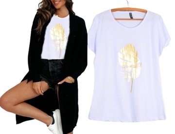 T-SHIRT KOSZULKA POD SWETER ZŁOTA APLIKACJA PIÓRKO M/L T8