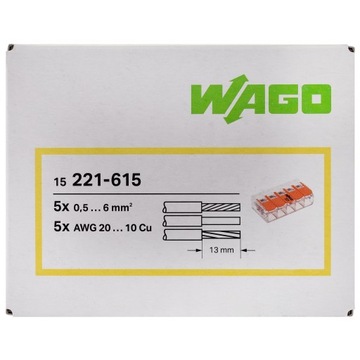 WAGO SZYBKOZŁĄCZKĄ NA LINKĘ DRUT 3x6mm 221-615 15szt.