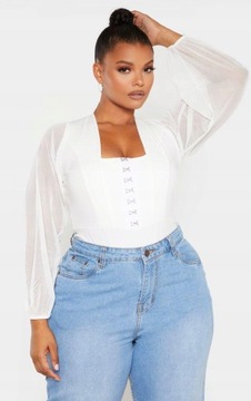 Prettylittlething NG4 kmh BIAŁE BODY ŁĄCZENIE SIATECZKA HAFTKI XXL