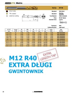 M12 L=180 mm GWINTOWNIK MASZYNOWY EXTRA DŁUGI M 12 LONG