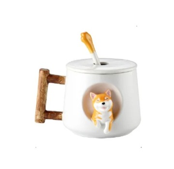 kubek ceramiczny śliczny 3D z łyżką pies Shiba Inu biały