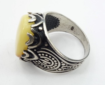 Zdobiony srebrny sygnet pierścionek z naturalnym bursztynem bursztyn żółty