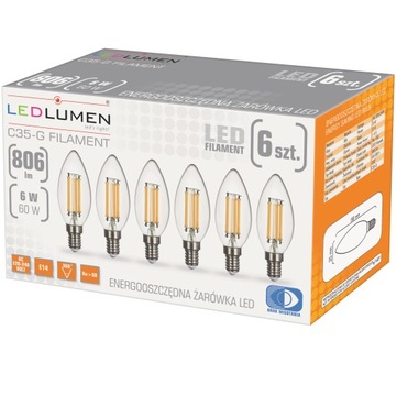 Zestaw 6x Żarówka LED E14 ŚWIECZKA C35 6W=60W Filament 806lm 360° Ozdobna