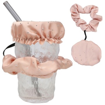 RÓŻOWA GUMKA DO WŁOSÓW SCRUNCHIE COVER CUP NIGHT CAP COVER DRINK KUBEK 2W1