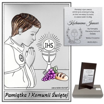 Pamiątka Komunii Świętej dla chłopca Srebrny obrazek Komunia prezent grawer