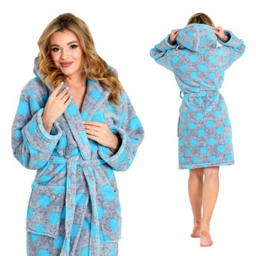 Puchaty szlafrok damski z kapturem w kropy L/XL Kr