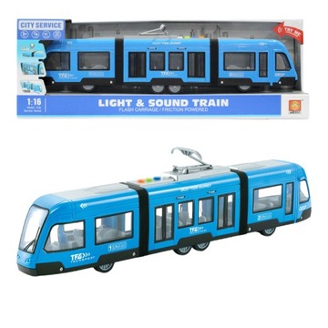Tramwaj niebieski z otwieranymi drzwiami, dźwiękami i światłem. Skala 1:16