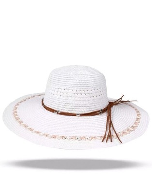 Duży damski kapelusz szerokie rondo ażur rzemyk (Biały)