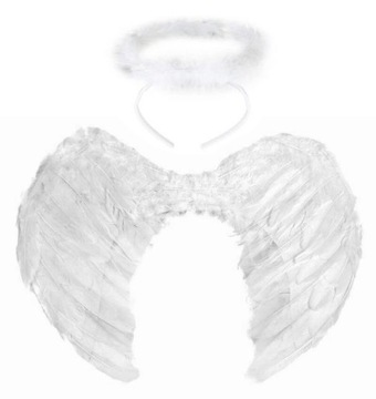 ANIOŁ ANIOŁEK AUREOLA + SKRZYDŁA Z PIÓR 35X27CM JASEŁKA BAL HALLOWEEN