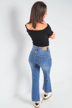 Klasyczne damskie spodnie jeansy 7/8 szeroka szarpana nogawka S