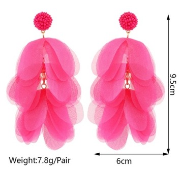 Kolczyki Złote Różowe Kwiaty Tiul Długie 95mm